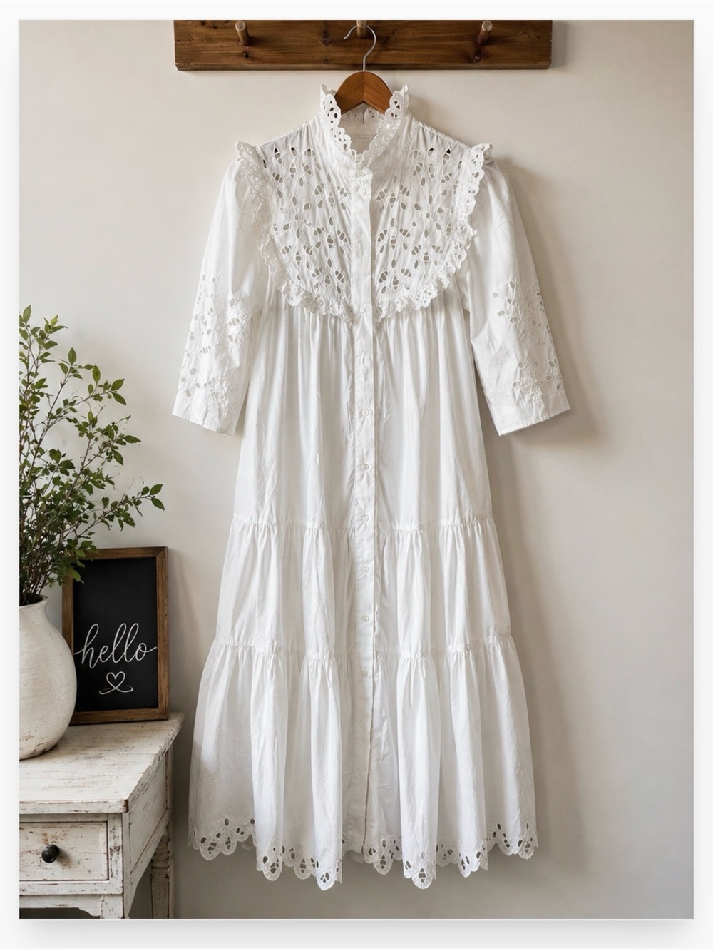 V.D.Vinster White Eyelet Tiered Maxi Dress with Lace Bib